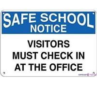 KSFEITING Panneau d'avertissement fantaisie en métal avec inscription « Safe School Notice Visitors Must Check in at The Office » - Panneau d'avertissement de sécurité en plein air - Décoration de