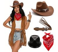 Ksikdeg Ensemble de cowgirl comprenant un chapeau de rodéos brodé, une ceinture décorative et un bandana coloré pour cosplay, un costume de cowgirl, une écharpe et un chapeau