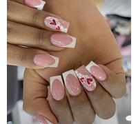 Ksikdeg Faux ongles carrés courts à presser en forme de cœur pour décoration d'ongles French White Saint Valentin Manucure