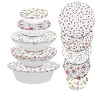 KSJEHW Charlotte Alimentaire Réutilisable Lot de 5, Couvre Plat Tissu Coton Élastique avec Motif Floral, Couvercle Alimentaire Lavable pour Bols et Saladiers, 5 Tailles Différentes (10 à 30 cm)