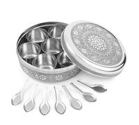 KSJONE Masala Dabba Design - Boîte à épices indienne en acier inoxydable de 8 pouces, avec 7 compartiments individuels, cuillères de service et couvercle - Organiseur d'épices poli miroir