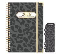 Ksriylm Agenda Semaine 2026, Planner d’année complète, Jan.2026-Déc.2026, A5 Couverture Rigide Spirale Agenda College avec règle signet,Onglets Mensuels, Poche arrière, Léopard Noir
