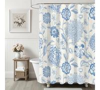 Ksriylm Bleu Linge Coton Imperméable Rideau de Douche，182x182cm Magnifique Fleurs Rideau Douche pour Déco Salle de Bain,Tissu Chic Tissu Fleur Feuilles Rideaux de Douche avec 12 Anneaux