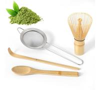 Kssiaz 4 Pièces Ensemble de Fouets à Matcha, Kit Matcha en Bambou et Fouet, Tamis en Acier Inox, Cuillère et Cuillère à Glace, Accessoires pour Cérémonie du Thé Matcha, Cadeaux pour Amateurs de Thé