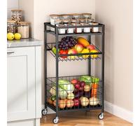 Kssiaz Chariot de Cuisine avec Panier à Fruits, Chariot de Rangement à 3 Niveaux avec Roues, Chariot à Snacks avec Plateau en Bois, Organisateur de Cuisine pour Fruits, Légumes et Collations, Noir