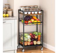 Kssiaz Chariot de Cuisine avec Panier à Fruits, Chariot de Rangement à 3 Niveaux avec Roues, Chariot à Snacks avec Plateau en Bois, Organisateur de Cuisine pour Fruits, Légumes et Collations, Marron