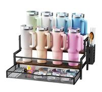 Kssiaz Organisateur de Bouteilles d'Eau pour Stanley, Porte-Gobelet pour Stanley à 2 Étages pour 8 Coupes, Organisateur de Tasses avec Tiroir, Présentoir à Tasses pour Rangements de Cuisine, Marron