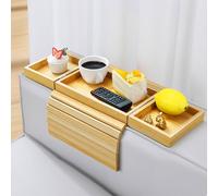 Kssiaz Plateau d'Accoudoir de Canapé en Bambou, Table à Accoudoir de Canapé Extensible et Pliable, Organisateur pour Accoudoir Antidérapant pour Boisson, Gobelet, Snack, Contrôle, Fruit, Couleur Bois