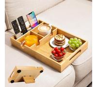Kssiaz Plateau de Canapé pour Siège Central, Table Basse en Bambou avec 2 Porte-gobelets, pour Canapés sans Bras et Modulables, Organisateur de Canapé pour Snacks, Boissons, Télécommandes, Bambou