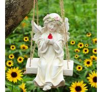 Kssiaz Statue de Jardin d'ange, Décoration de Jardin Solaire avec Lumière Chaude, Statue d'ange Étanche avec Balançoire et Oiseau Tenant, Décoration de Jjardin Extérieur pour Pelouse, Abricot