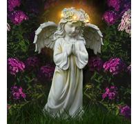 Kssiaz Statue du Jardin des Anges, Sculpture de Fée avec Couronne Illuminée à Energie Solaire, Figurine de l'ange de la Prière Décoration de Jardin Extérieur Imperméable de Jardin Cour Salon, Blanc