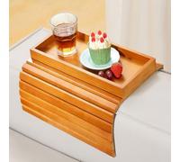 Kssiaz Table Bouts de Canapé de Salon en Bambou, Plateau d'Accoudoir Pliable à Clipser, Porte-gobelet de Collation, Brun Clair