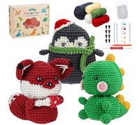 Kssvzz 3 Pièces Kit Crochet Debutant Complet, Crochet Enfant Kit Amigurumi, avec Instructions et Tutoriels Vidéo, Cadeau Anniversaire Noël pour Enfants Adultes (Renard, Dinosaure, Pingouin)