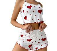 Kswlwccpp Pyjama Femme, 2025 Pyjama Short Femme Sexy Été Ensemble De Deux Pièces Amour Imprimé Bretelles Réglables Vêtement Nuit Haut Et Shorts Pyjamas Court
