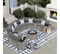 KswyyuwxgqI Ensemble de meubles de patio 11 pièces - Canapé sectionnel d'extérieur en demi-lune en osier modulaire incurvé avec table basse ronde, housse imperméable pour porche, jardin (gris)