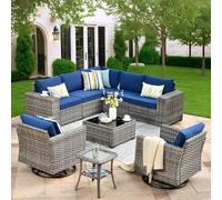KswyyuwxgqI Ensemble de meubles de patio 9 pièces en osier avec chaises pivotantes, canapé modulaire en rotin profond et table basse pour jardin, terrasse, salon