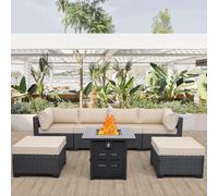 KswyyuwxgqI Ensemble de meubles de terrasse d'extérieur 7 pièces avec canapé sectionnel en osier, coussins, table de foyer, ensemble de conversation modulaire en rotin pour jardin, porche, salon