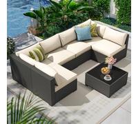 KswyyuwxgqI Ensemble de meubles de terrasse modulaire en rotin 7 pièces, canapé sectionnel avec coussins épais lavables et table basse, ensemble de conversation d'extérieur moderne pour jardin, porche