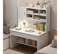 ksxnkhk Bureau d'ordinateur Blanc avec étagère et bibliothèque, Bureau rectangulaire en Bois à 2 tiroirs avec Gestion des câbles intégrée, 80 cm (L) x 45 cm (l) x 151 cm (H), mobilier de b