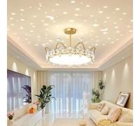 ksxnkhk Lustre Couronne doré pour Fille, Princesse, Rond, LED, à intensité Variable, en Cristal, avec Projection d'étoiles, plafonnier étoilé pour Enfants, Montage encastré, pour Chambre d