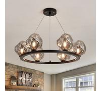 ksxnkhk Lustre Moderne à 6 lumières en Forme de Roue de Chariot, en métal Noir avec LED G9 en Verre, luminaire Suspendu Rond pour Salle à Manger, Salon, Hall d'entrée, Chambre à Coucher, î