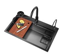 KSYGINXD Évier de cuisine de 80 cm x 45 cm, en acier inoxydable 304 nano-revêtement noir/gris, évier à barre simple de 80 x 45 cm, avec robinet extractible, planche à découper, panier de lavabo, tuyau