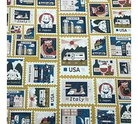 Kt KILOtela - Tissu en toile imprimée numérique - Half Panama 100 % coton - Coupon de 100 cm de long x 280 cm de large | Timbres de pays - Bleu, moutarde - 1 mètre