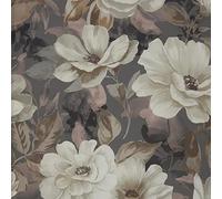 Kt KILOtela - Toile Semi Panama Coton Biologique, Impression Numérique, Décoration Intérieure, Assises de Fauteuils, Coussins, 100 cm Longueur x 280 cm Largeur, Fleurs Gardenia, Gris - 1 Mètre