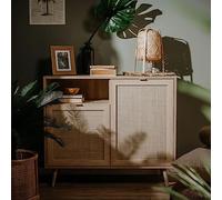 KTHLBRH Commode Bali 01A Finori avec Style Ethnique et Impression de Canne Lisse, Armoire Latérale Deux Portes Compartiment Ouvert et Étagère Intérieure, Facile
