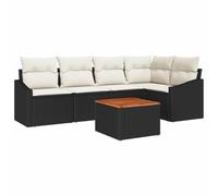KTHLBRH Ensemble de canapé de jardin 6 pièces noir en polyrotin, 5 places | Fauteuil central, canapé avec accoudoirs, pouf, table d'appoint, acacia, acier peint, modulaire, résistant aux UV