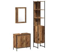 KTHLBRH Ensemble de meubles de salle de bain 3 pièces marron en bois | Miroir plat intégré, 7 étagères, 4 portes, poignées en barre noires, montage mural, poids 42,45 kg, style moderne