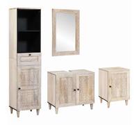 KTHLBRH Ensemble de meubles de salle de bain en bois de manguier avec miroir plat et grand espace de rangement - Meuble lavabo et deux armoires de rangement - Style rustique et fonctionnel, facile