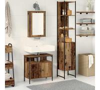 KTHLBRH Ensemble de rangement pour salle de bain avec miroir et étagères - Meuble en bois et acier avec finition texturée, portes à charnières et pieds de poteau noirs pour organisation du