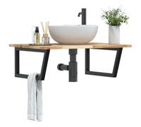 KTHLBRH Étagère Murale Vasque Salle de Bain en Acier et Plateau Acacia Massif, Support Trapèze Étagère Flottante Rangement Crèmes Serviettes, Fixation Murale Solide