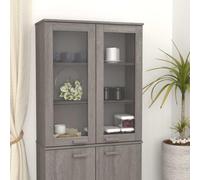KTHLBRH HAMAR Buffet supérieur en pin massif gris clair avec plateau en bois avec portes en verre et étagères stables 85 x 35 x 100 cm