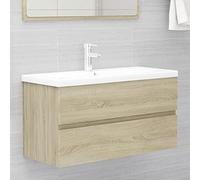 KTHLBRH Meuble de salle de bain avec lavabo intégré, armoire en bois d'ingénierie, 1 tiroir de rangement, évier en céramique avec trop-plein, robinet mitigeur froid et chaud, design