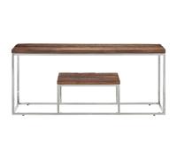 KTHLBRH Petite table d'appoint en acier inoxydable argenté et traverses en bois massif pour cuisine, salon, chambre à coucher, jardin