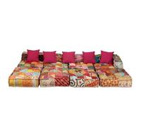 KTHLBRH Pouf modulaire 4 places tissu patchwork multicolore | Convertible en canapé ou lit, 5 coussins inclus, rembourrage en mousse et polyester