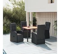 KTHLBRH Salon de jardin 5 pièces en polyrotin noir et bois massif d'acacia - Ensemble de meubles de jardin pour des repas confortables en plein air