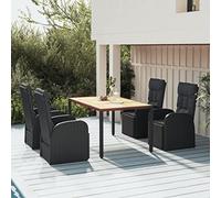 KTHLBRH Salon de jardin 5 pièces en polyrotin noir et bois massif d'acacia - Ensemble de meubles de jardin pour des repas confortables en plein air