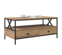 KTHLBRH Table basse en chêne artisanal 100 x 51 x 45 cm | Bois multicouche, cadre en métal, 2 tiroirs, 1 étagère, facile à nettoyer