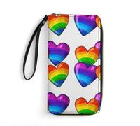 KTNML Portefeuille de voyage en cuir pour femme avec dragonne et fermeture éclair - Convient pour le travail et un usage quotidien - Motif cœurs arc-en-ciel - 20 x 10 cm, Cœurs Gay Pride aux couleurs