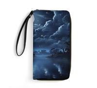 KTNML Portefeuille de voyage en cuir pour femme avec dragonne et fermeture éclair sur le pourtour pour le travail et un usage quotidien, nuit au clair de lune, 20 x 10 cm, Moonlight Night, 7.8*4.1 in