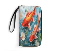 KTNML Portefeuille de voyage en cuir pour femme avec dragonne et fermeture éclair sur le pourtour pour le travail et un usage quotidien, joli poisson carpe rouge japonais, 20 x 10,4 cm, Joli poisson