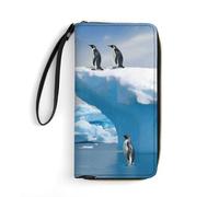 KTNML Portefeuille de voyage en cuir pour femme avec dragonne imprimé pingouins sur l'iceberg - Longue fermeture éclair sur le pourtour - Pour le travail et un usage quotidien - 20 x 10 cm, Pingouins