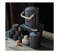 KTREZ Lot de 9 sakés en céramique rugueuse avec pot chauffant et poêle à bougies, ensemble à saké japonais en céramique noire glacée pour froid/chaud/shochu/thé noir