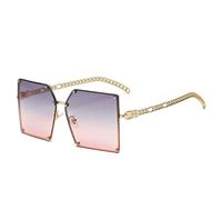 KTUCN Lunettes de soleil dégradées surdimensionnées en métal, monture rivetée, verre, alliage, branches en chaîne, gris rose, C