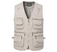 KTWOLEN Gilet de Pêche pour Homme Multi-Poches Coton Gilet de Photographe Veste sans Manches de Chasse Journaliste, Beige, XL