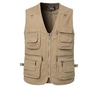KTWOLEN Gilet de Pêche pour Homme Multi-Poches Coton Gilet de Photographe Veste sans Manches de Chasse Journaliste, Kaki, 4XL