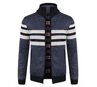 KTWOLEN Hommes Cardigan Pulls Manteaux Tricoté Casual Ouvrez-Front Zippé Gilet Automne Hiver Chaud Pull Sweat avec Col Debout, Rayures_Bleu, S